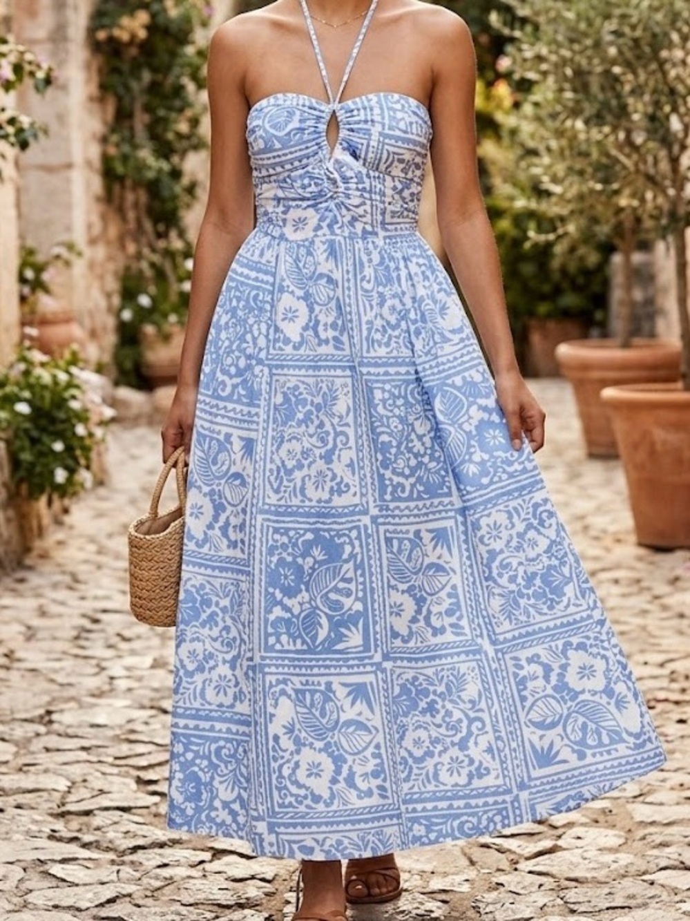 Japna Blue White Tile Print Smocked Maxi Dress 100% Cotton Coastal Peasant Boho